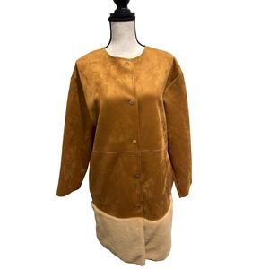 Zara Woman Brown Faux Suede Long Coat Sz M Button Up Mid Length